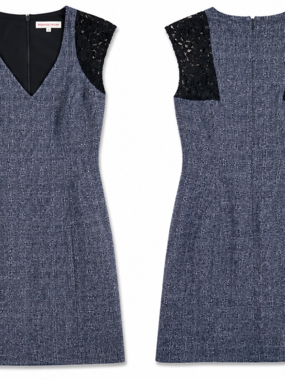 Rebecca Taylor Navy Tweed Sheath Dress with Black Lace Cap Sleeves Size 2